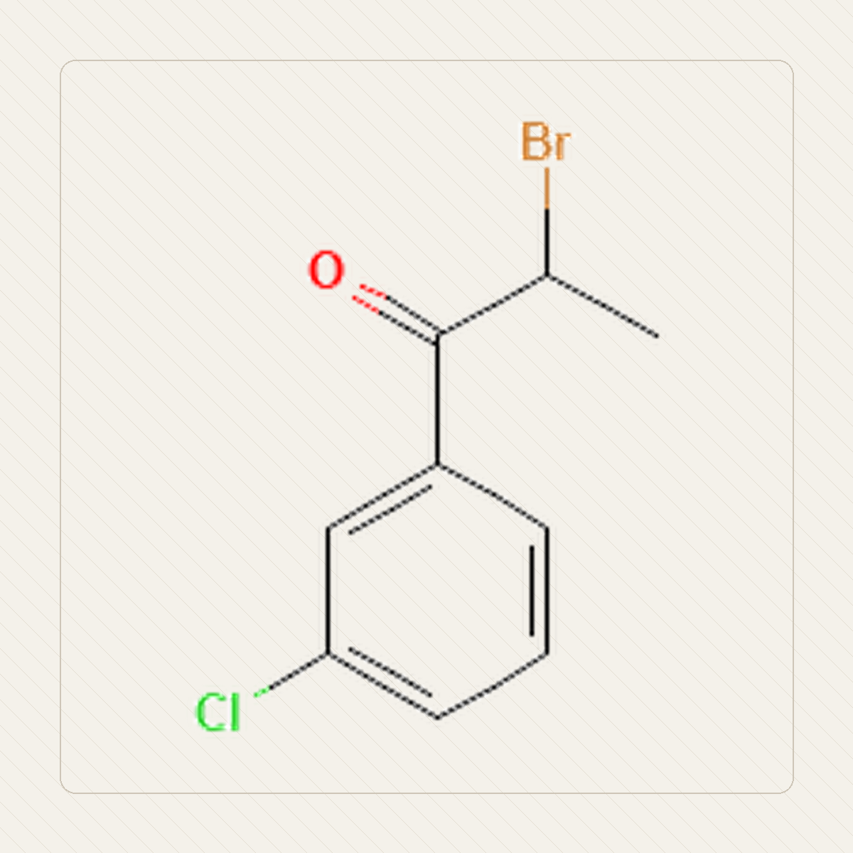 2-bromo-3-cloropropiofenone, illustrazione didattica della struttura molecolare